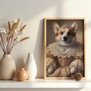 May include: A framed portrait of a Corgi dog in a gold and lace dress, wearing a crown and pearl necklace. The portrait is in a light wood frame. The image is displayed on a white shelf with vases and a decorative pine cone.