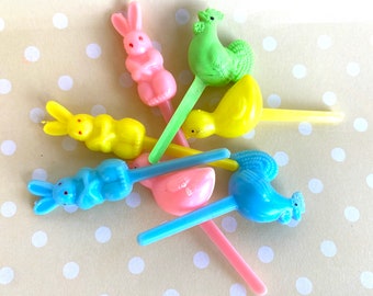 ReTRO Bunnies and Chicks EASTER Cupcake picks--12ct--pink,green, yellow and blue