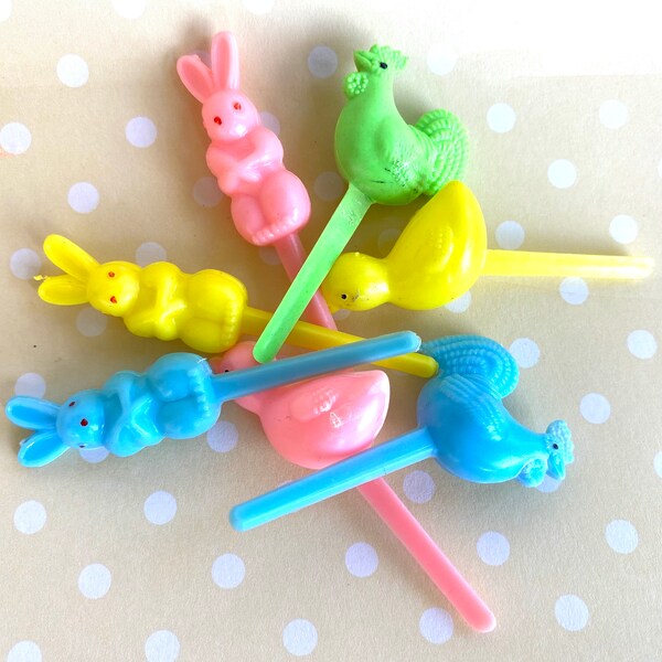 ReTRO Bunnies and Chicks EASTER Cupcake picks--12ct--pink,green, yellow and blue