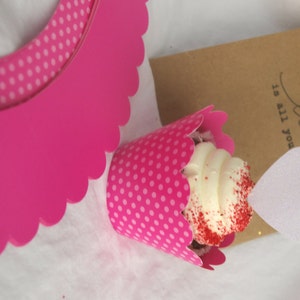 12 Hot Pink Dot Reversible Cupcake Wraps with Scalloped Edge-pink dot and solid pink image 3