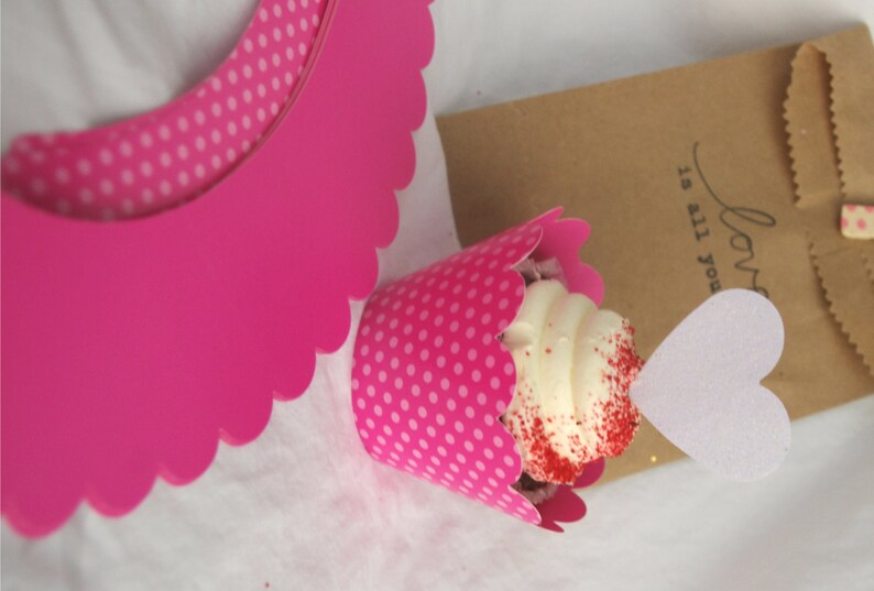 12 Hot Pink Dot Reversible Cupcake Wraps with Scalloped Edge-pink dot and solid pink image 3