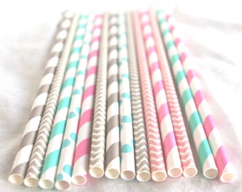 25  GReY,PinK and Aqua Mix-Paper Straws 25ct- with Free Printable Flags