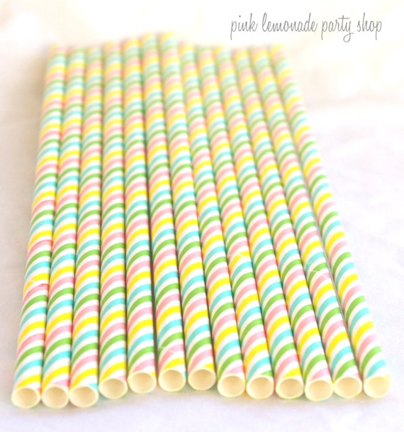 Multi Stripe Pastel Paper STraws----Parties---25ct with Free Printable diy Flags Il_570xn