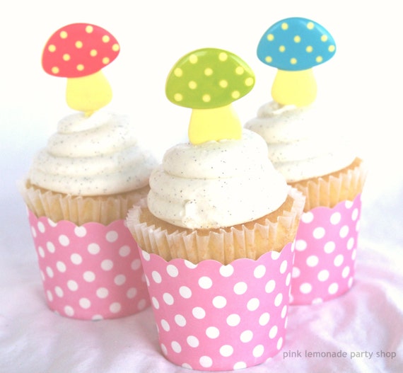 PoLka Dot MuSHRooM Cupcake Picks--set of 12 plastic toppers--woodland party-fairy party Il_570xn