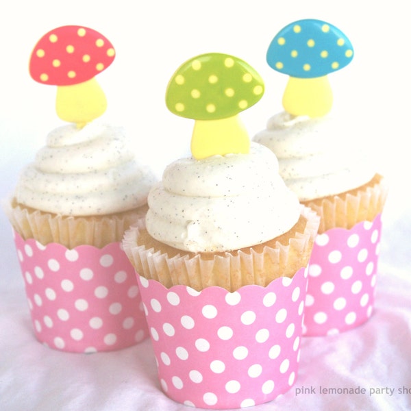 PoLka Dot MuSHRooM Cupcake Picks--set of 12 plastic toppers--woodland party-fairy party