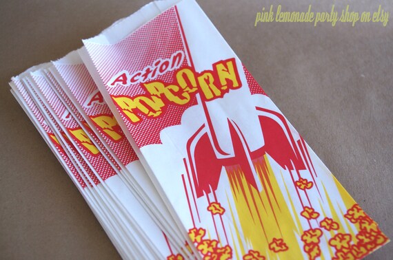 ReTRo action Pop Corn BaGs---Birthday Parties-- movie night--superhero-Sports theme--circus--Baseball-Movie Night--25ct Il_570xn
