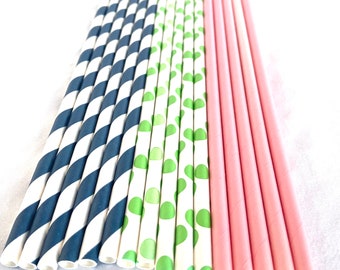 Country club mix Paper  Straws— navy,- pink and green dot -25ct- -Decorations