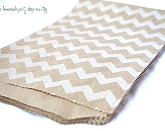 SACS EN PAPIER MOTIF CHEVRON MOYEN--kraft brun avec blanc--cotillons--cadeaux---mariages--douches--20ct