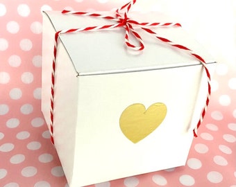 White Gift Boxes with gold or mint green heart stickers 4x4x4-DIY Crafts-wedding, gifts-10ct