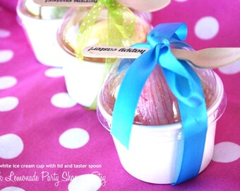 Little White Paper Ice Cream Cups-4oz-Clear dome lids and wood taster spoons-Ice Cream-Showers-Weddings-10ct