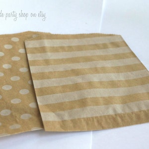 POLKA DOT and STRIPED BROWn KrAFT PaPER BAGs--party favors--gifts---weddings--showers--20ct total with 10 of each pattern