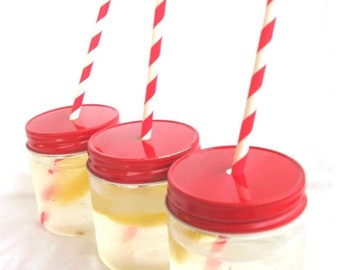 Red Straw Hole MaSoN JaR LiDS---6ct--use on regular mouth mason jars with paper straws-parties-weddings-showers