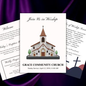 Pode incluir: Uma igreja branca com uma torre e uma cruz marrons está centrada em um cartão branco. O cartão diz "Join Us in Worship" e "Grace Community Church" com detalhes do serviço. Outros cartões com texto são visíveis.
