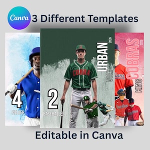 Op de afbeelding: Drie digitale honkbal-sjablonen die bewerkbaar zijn in Canva. De ontwerpen tonen honkbalspelers in blauwe, groene en rode uniformen met tekst waaronder 4 FIELDER, 2 BASEBALLER, URBAN VOLT 2026 en KING COBRAS 2026. Elke lay-out toont sportieve beelden.