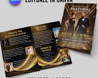 Plantilla para programa de aniversario pastoral, folleto díptico de la iglesia (editable en Canva)