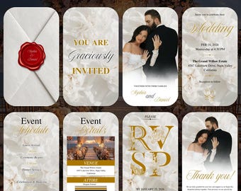 Invitación de boda animada, plantilla de vídeo de Canva, invitación digital minimalista y elegante con rosas blancas, boda moderna en tonos neutros, descarga instantánea.