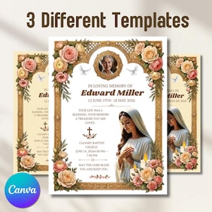 May include: Three funeral program templates featuring a gold ornate frame, pink and peach roses, and white doves. The center template displays the text In Loving Memory of Edward Miller, a circular portrait, and an illustration of a person in a veil.