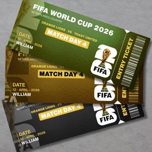 May include: Three FIFA World Cup 2026 tickets in green, gold, and black. Each ticket features the FIFA logo, the text "ENTRY TICKET", and details for the Netherlands country, Orange Lions vs. Yoast United, Match Day 4, and the date April 12, 2026.