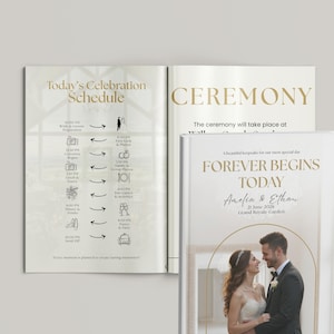 May include: A wedding program and keepsake book with gold text on a white background. The program details the day's schedule, while the book cover reads "Forever Begins Today" with the couple's names and wedding date.