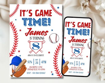 Plantilla de invitación de cumpleaños de béisbol, invitación para fiesta deportiva infantil, invitación de béisbol editable en Canva, cumpleaños con temática de novato, descarga instantánea.