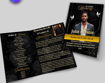 Plantilla de programa funerario en memoria de un ser querido, programa de obituario para celebración de la vida, folleto funerario plegable, plantilla de Canva Black Gold Memorial