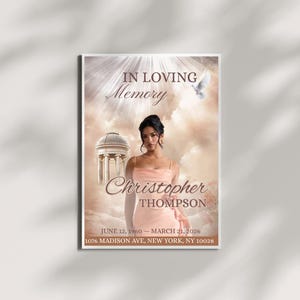 Puede incluir: Un p&oacute;ster conmemorativo con el texto "IN LOVING Memory" y el nombre "Christopher THOMPSON". El p&oacute;ster presenta a una mujer con un vestido melocot&oacute;n, una paloma y un edificio cl&aacute;sico. Tambi&eacute;n se incluyen fechas y una direcci&oacute;n.
