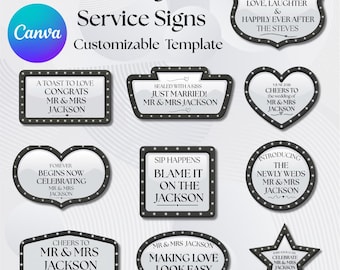 Plantilla de letrero para servicio de botellas de boda, letrero de entrada para bodas tipo marquesina editable en Canva, decoración personalizada para la entrada de la recepción, descarga instantánea.