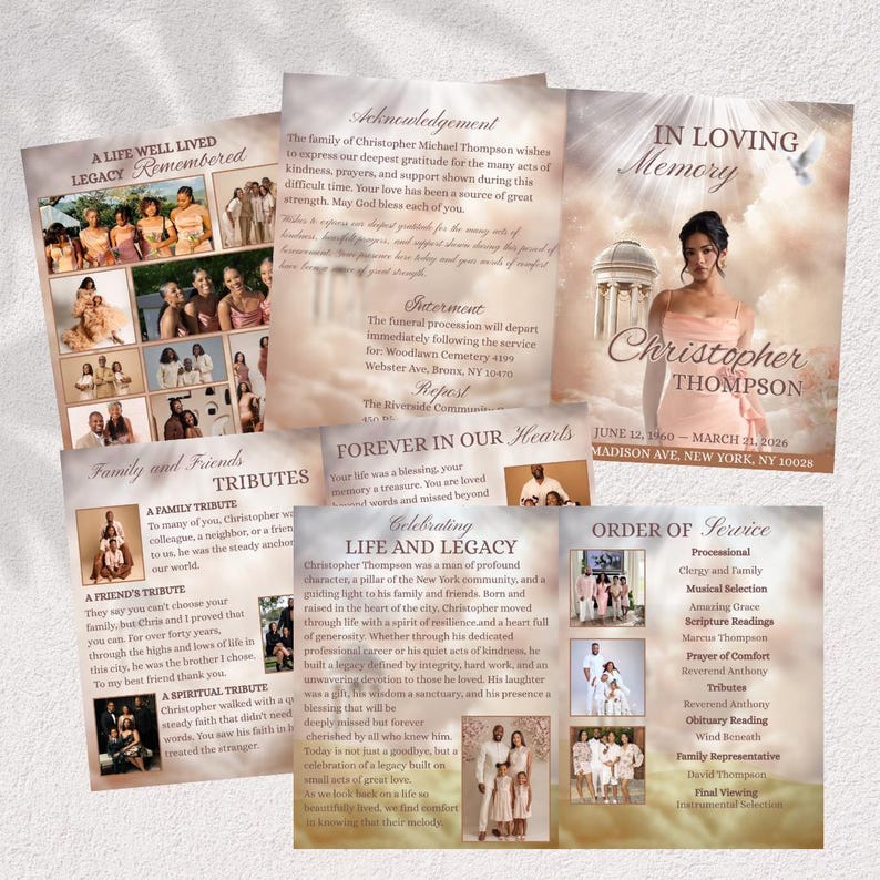 Plantilla de programa funerario rosa, folleto conmemorativo de 8 páginas, celebración de la vida, programa de obituario, programa funerario plegable de 11x17 pulgadas, descarga instantánea. imagen 5