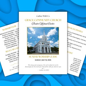 Plantilla para programa de boletín parroquial, folleto díptico de anuncios parroquiales, folleto evangélico, programa de eventos parroquiales, servicio dominical, descarga instantánea.