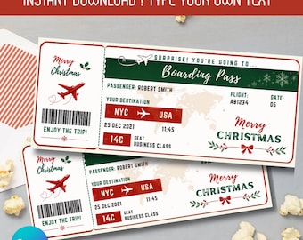 Christmas Boarding Pass Ticket Template, Editable Canva Surprise Trip Reveal, Printable Flight Ticket, Christmas Vacation Gift Voucher
