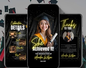 May include: Three smartphones displaying a graduation announcement. The central phone shows a graduate in a cap and gown with the text "She Achieved It!" and "The Graduation of Amelia Wilson." The other phones show event details and a thank you message.