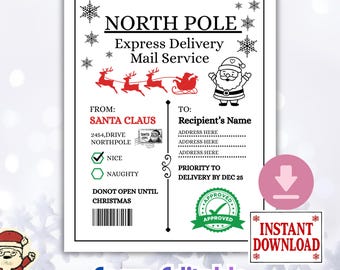 Etiquetas de envío navideñas, Correo del Polo Norte, Etiqueta de regalo de Papá Noel, Plantilla editable de correo de Papá Noel, Imprimible navideño, Pegatina de envío de Papá Noel, 6x4