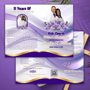 May include: A purple and gold church anniversary flyer with the text "16th Church Anniversary" and "Celebrating a Honoring Pastor Jonathan R. Williams". The flyer includes photos of a couple and floral arrangements.