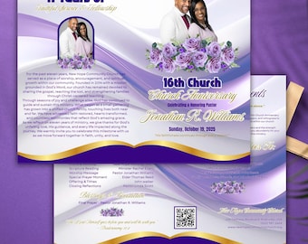 Programa de aniversario de la iglesia blanco y morado, plegable, 8x11, color marfil, programa de agradecimiento a la iglesia, celebración de la fe por el aniversario, plantilla de Canva