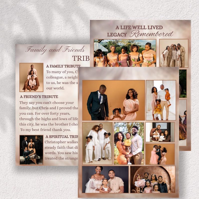Puede incluir: Tarjetas conmemorativas con fotos familiares y texto. Las tarjetas presentan las frases "Familia y Amigos" y "Una vida bien vivida, legado recordado". Las fotos muestran varios grupos familiares en diferentes entornos.
