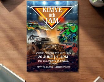Invitación de cumpleaños con temática de Monster Truck, invitación para fiesta de cumpleaños con camiones, plantilla editable de Canva, invitación de cumpleaños para niño, fiesta infantil con temática de camiones