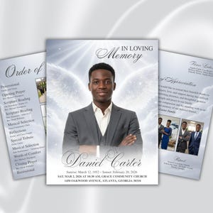 May include: A memorial service program with a portrait of a man in a gray suit, with the text "In Loving Memory" and the name "Daniel Carter." The program includes details of the service, date, time, and location.