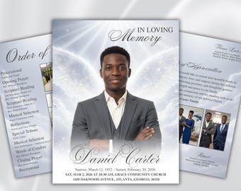 Puede incluir: Un programa de servicio conmemorativo con un retrato de un hombre con traje gris, con el texto "In Loving Memory" y el nombre "Daniel Carter". El programa incluye detalles del servicio, fecha, hora y lugar.