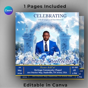 Puede incluir: Anuncio conmemorativo con un hombre en traje azul, el texto "CELEBRATING Life & Legacy of Our Beloved", el nombre "Robert Sullivan" y detalles del servicio. El diseño está sobre un fondo de cielo y flores. También está el texto "Editable in Canva".