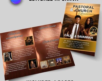 Programa de aniversario pastoral, plantilla de programa para la iglesia, celebración del pastor y su esposa, boletín parroquial editable, descargas de folletos desplegables