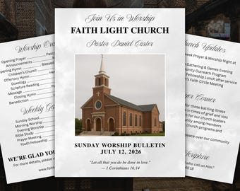 Programa editable para el boletín parroquial, folleto de agradecimiento al pastor, plantilla para el aniversario de la iglesia, programa de culto, servicio dominical.