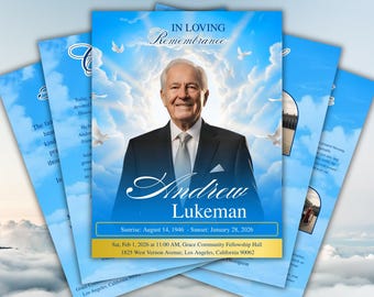 Programa Funerario Azul Cielo, Folleto Funerario de 8 Páginas, Celebración de la Vida, Plantilla de Obituario, En Memoria de Nuestro Ser, Invitación Plegable, Descarga Instantánea