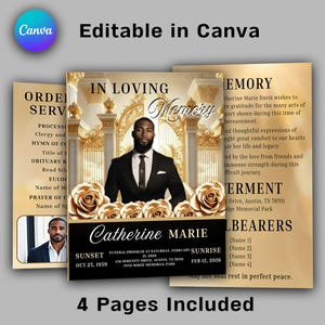 Pode incluir: Um modelo de programa memorial com uma foto de um homem de terno, rosas douradas e o texto "In Loving Memory". O design inclui o nome "Catherine Marie", datas e locais. O logotipo da Canva é visível.