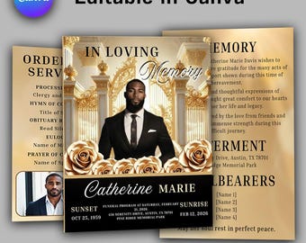 Plantilla de programa funerario de 4 páginas, folleto conmemorativo díptico editable en Canva Gold, celebración de la vida, en memoria de un ser querido, descarga instantánea.