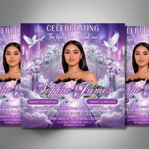 Op de afbeelding: Een herdenkingsaankondiging met een paars en wit bloemendesign. De aankondiging bevat een portret van een vrouw, duiven en de tekst "Celebrating The life of our beloved one" en "Sophia James". Extra tekst bevat data en service details.