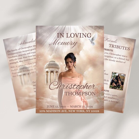 Pink Funeral Program Template, 8 Page Memorial Booklet, Celebration of Life, Obituary Program, 11x17 Bifold Funeral, Instant Download