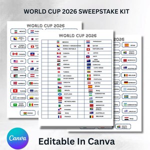 Peut inclure: Un kit de tombola pour la Coupe du Monde 2026 composé de trois feuilles blanches listant des pays avec leurs drapeaux nationaux respectifs. Le texte World Cup 2026 est imprimé en haut de chaque feuille. Le design est modifiable dans Canva.