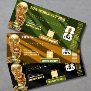 以下が含まれることがあります： 緑、金、黒のFIFAワールドカップ2026の試合チケット3枚。各チケットにはFIFAのロゴ、「イングランド対ブラジル」の文字、QRコードが記載されています。チケットには、2026年3月30日の日付と「マッチデー3」も表示されています。