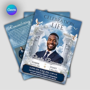 May include: A funeral program template featuring a portrait of a smiling person in a suit, with the text CELEBRATION OF LIFE, Charlie Raymond, SUNRISE April 13, 1988, SUNSET 21 May 2026, and details for Calvary Church Cemetery & Memorial.