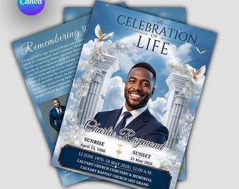 Puede incluir: Una plantilla de programa funerario con el retrato de una persona sonriente en traje, con el texto CELEBRATION OF LIFE, Charlie Raymond, SUNRISE April 13, 1988, SUNSET 21 May 2026, y detalles de Calvary Church Cemetery & Memorial.
